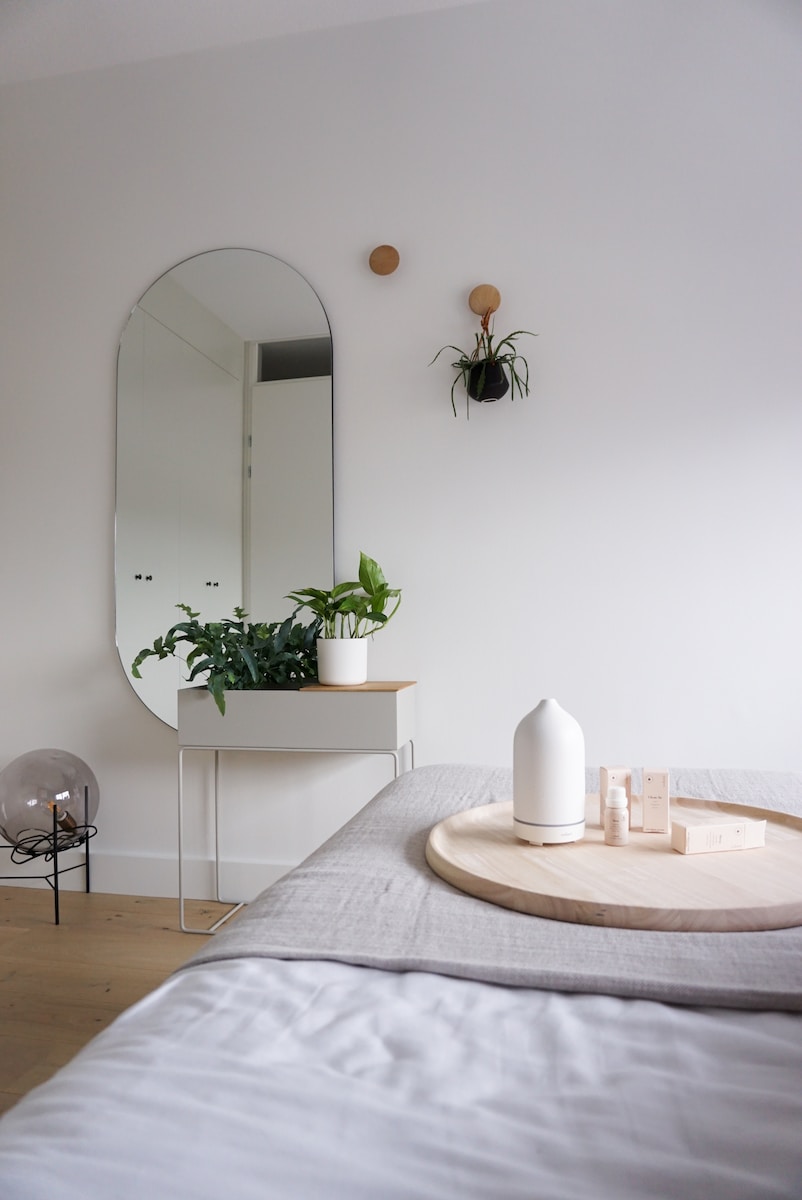 a bedroom with a bed, mirror and plant